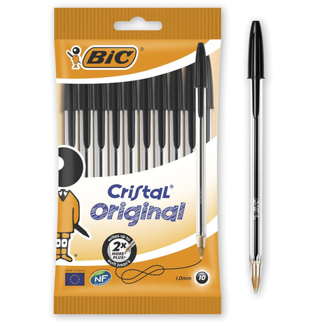 Bic Cristal Original Ballpoint Pens, Smudge-free with Medium Point (1.0 mm), Black, Ideal for Office and School, Pack of 10.