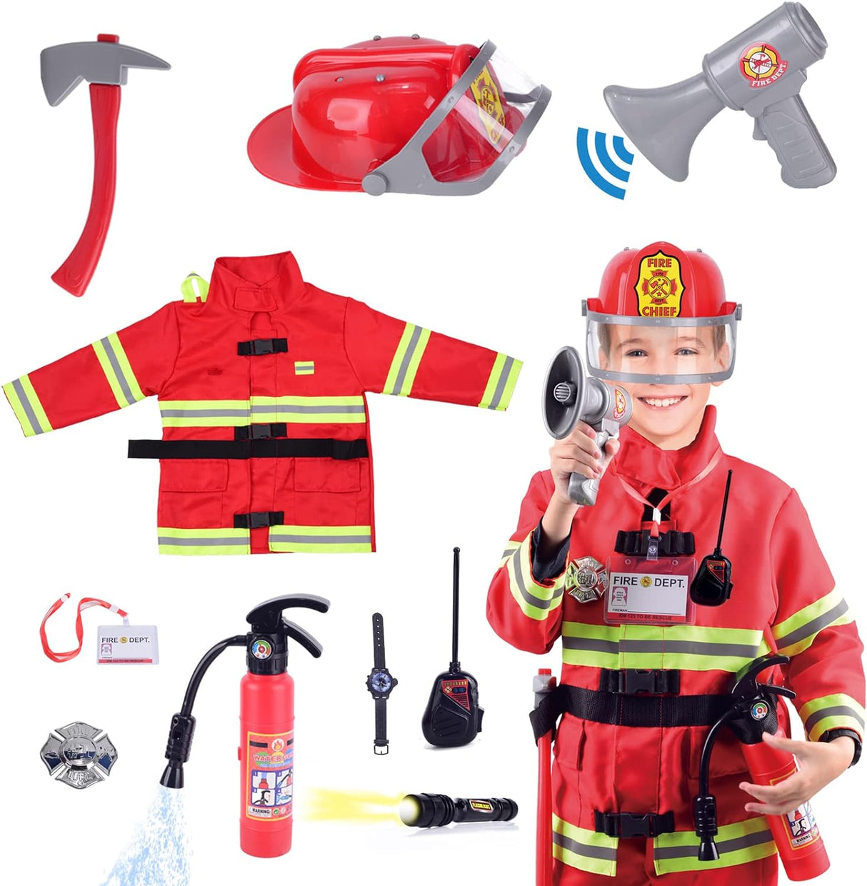 Lesheng space 10 piece Fireman Costume for Kids Firefighter pretend Role Play Dress-Up Kit for Children Fire Chief outfit with Accessories.