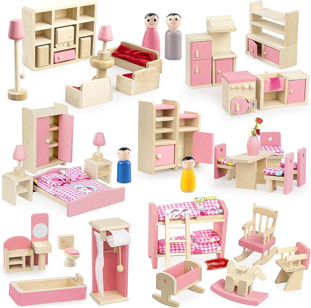 43PCS Wooden Dolls House Furniture Set,6 Room Kit Pretend Play Doll House Furniture,Dolls House Accessories with Kitchen Dining Room Living Room Bedroom Bathroom for Children Kids Girls Playhouse Toy.