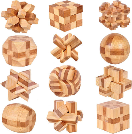 Holzsammlung Set of 9 3D Wooden Brain Teaser Puzzles, IQ Challenge Puzzle Games, Small Logic Mind Puzzle Box Toy Removing Assembling Lock Puzzle Gift Set for Adults Teenagers Kids, 1.8inch 4.5cm.