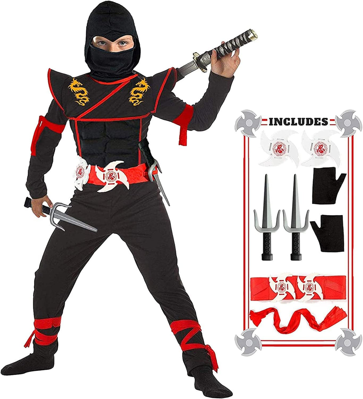 SATKULL Ninja Costume for Kids Boy Halloween Cosplay Ninja Costumes Dragon Ninja Muscle Costume Best Children Gifts.