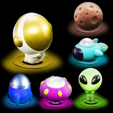 Bath Toys Light Up Floating Space Bath Tub Toy Set 6pcs Glowing Bath Toy Universe Theme Toy with Astronaut Rocket Ship Alien UFO Planet Model Educational Preschool Shower Pool Toys Gift for Kids.