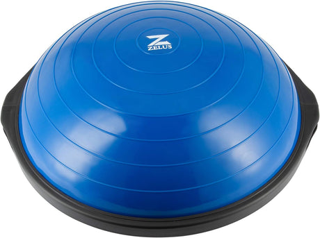 ZELUS 64cm Balance Ball | 680kg Inflatable Half Exercise Ball Wobble Board Balance Trainer w Nonslip Base | Half Yoga Ball Strength Training Equipment w 2 Bands, Pump, Extra Ball Included, Blue.