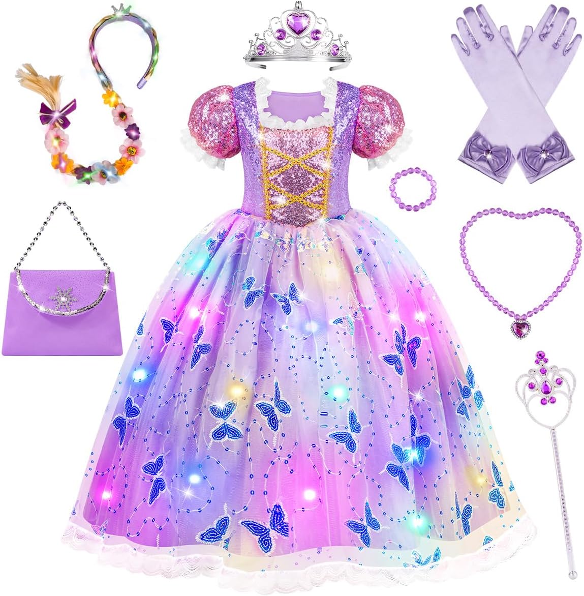 MELAND Princess Costumes for Girls, Light Up Princess Dress Up for Girls Aged 3-8, Princess Fancy Dress for Kids Halloween Costumes.