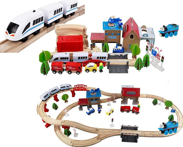 88Pcs Wooden Train Tracks set wooden Railway Train Station Set Electric Train Wooden Train Toys Free Thomas for Kids 3+ Years Old Girls Boys.