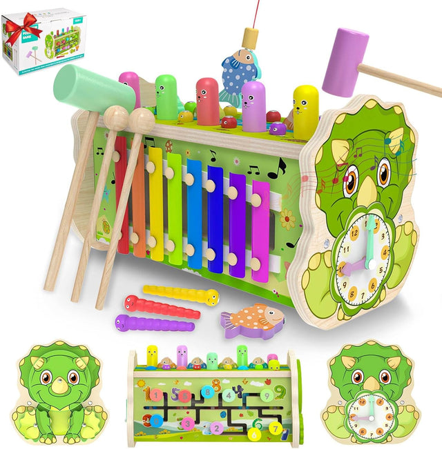 Achiyway Montessori Wooden Toy 7-in-1,Toddler Hammering & Pounding Toy, Educational Game with Xylophone, Maze, Puzzle, Clock, Magnetic Fishing ,Musical Toy Gift for 2-5 Years Old Boys and Girls.