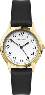 Sekonda Classic Ladies Quartz Easy Read Watch with White Dial Analogue Display and Black Strap.