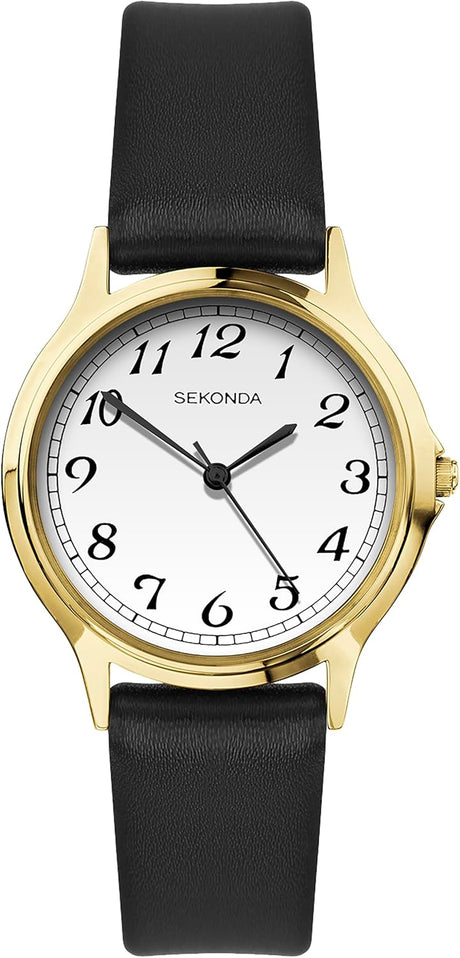 Sekonda Classic Ladies Quartz Easy Read Watch with White Dial Analogue Display and Black Strap.