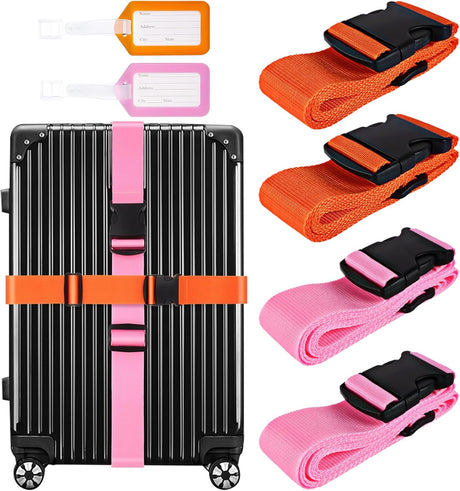 RYACO 4Pcs Luggage Straps with 2Pcs Luggage Tags, Adjustable Packing Belts for Suitcases, Travel Accessories Thickened Suitcase Straps with Buckle, Muti-Color Choices for Luggage Briefcase.