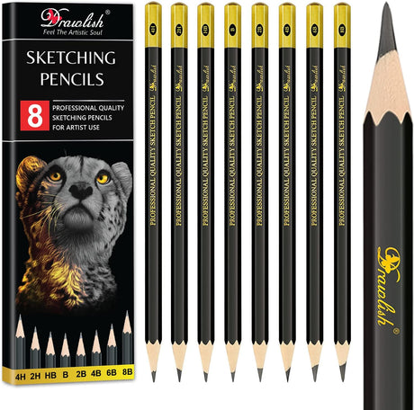 Sketching Pencils Set of 8 - B, 2B, 4B, 6B, 8B, HB, 2H, 4H - Drawing Pencils with Graphite Lead & Premium Wood are Ideal for Sketching, Shading & Doodling - For Beginners & Professionals.