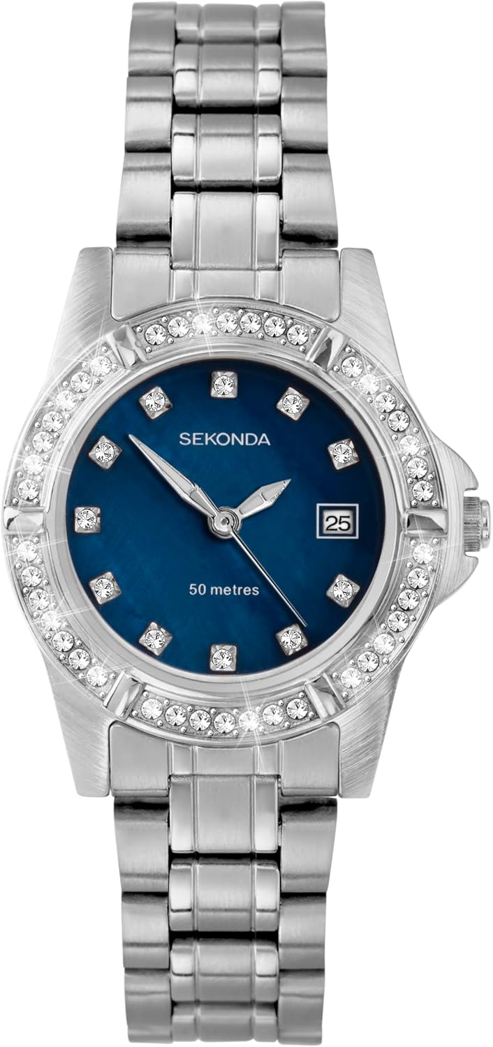 Sekonda Sienna Ladies 28mm Stone Set Bezel Dress Watch 50m Water Resistant with Date Window.