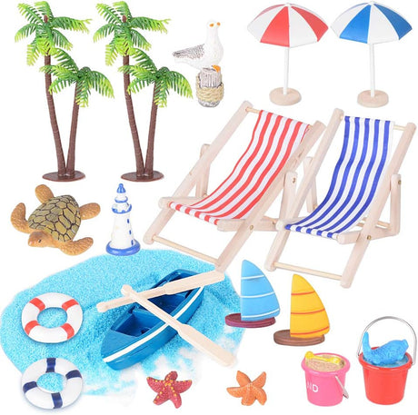 JNCH 20 Pieces Seaside Theme Beach Miniature Ornament Kits, Beach Style Miniature Ornament Set for Beach Cake Decorations Dollhouse Decoration.