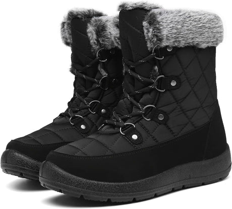 Bella Bays Snow Boots Women Waterproof Non Slip Fur Lined Warm Ladies Winter Ankle Boots Thermal Outdoor Walking Shoes Lace Up Zipper Black/Grey/Red/Blue UK 3-9.