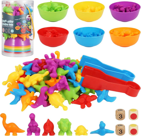 Invalidism 60Pcs Counting Dinosaur Toys Set, Color Classification and Sensory Montessori Educational Learning Toys with Bowl, Dice, Tweezers, Sorting Toys for Aged 3+ Years Old Boys Girls.