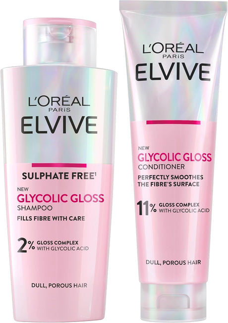 L'Oréal Paris Elvive Glycolic Gloss Shampoo and Conditioner Set for Dull Porous Hair, Get The Shiniest Hair of Your Life, Glossing Routine for Mirror-Like Shine.