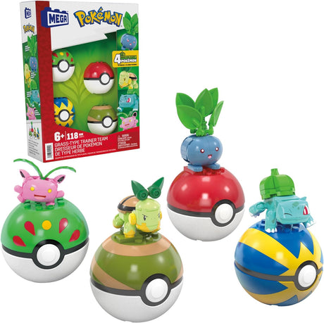 MEGA Pokémon Building Toys Set Grass-Type Trainer Team with 118 Pieces, 4 Poseable Character, 2 Inches Tall, for Kids, HWR77.