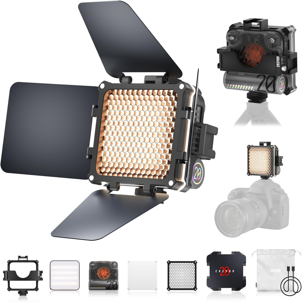 Video Light, ZHIYUN FIVERAY M20 Combo [Official] 20W Camera Light Dimmable, Portable LED Panel Light Rechargeable with Extension Bracket, Modifier Pack for Youtube, 2700K-6500K, 2010Lux, TLCI 97+.