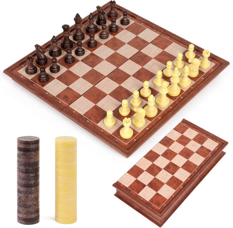 Peradix Chess Set and Draughts Board Games 2 in 1 | Magnetic Chess Checkers Board Toys | Travel Folding Board and Chess Piece for Kids and Adult (25x25cm), Brown.