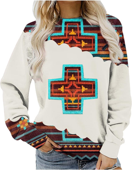 AMhomely Autumn Sweatshirt for Womens Clearance Vintage Long Sleeve Tunic Sweatshirt Teens Crewneck Pullover Jumper Aztec Printed Sportswear Tops Size 10-20 UK.