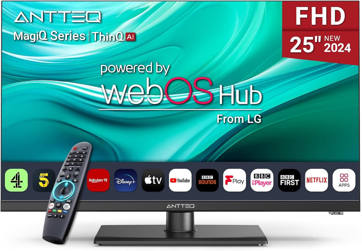 Antteq 25 Inch Smart TV, WebOS FHD TV MagiQ 25" with ThinQ AI Voice Magic Remote, BBC Freeview Netflix YouTube Airplay WiFi 2024 Black Televisions.