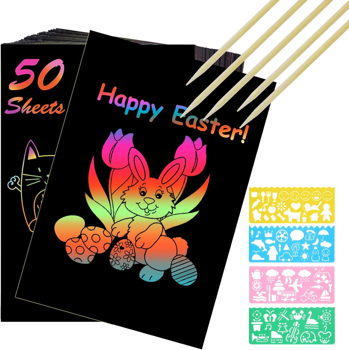 Vicloon Rainbow Scratch Art, 50Pcs Black Magic Scratch Art Notes Painting Boards Arts and Crafts for Kids with 4 Stencils 5 Wooden Stylus Birthday Gifts DIY Party Gift(8.5 * 8.5CM).