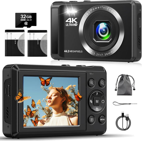 4K Digital Camera with 32GB SD Card, 44MP Autofocus Compact Camera for Photography, Portable Mini Vlogging Camera with Two 1200mAh Batteries, USB Cable, for Kids teenagers Adults Beginners.