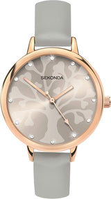 Sekonda Womens 35mm Analogue Classic Quartz Watch with Rose Gold Case Tree Patterned Dial with Stone Set Markers and Grey PU Strap.