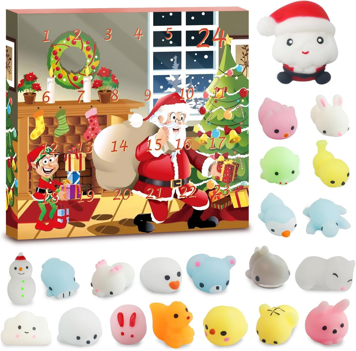 Advent Calendar 2024 Kids,24 Mochi Squishies Toys Including Luminous Mochi Santa Claus for Boys Girls, Various Surprises Every Day, Non-Toxic, Reusable, Cute and Adorable for Christmas, Pack of 24.