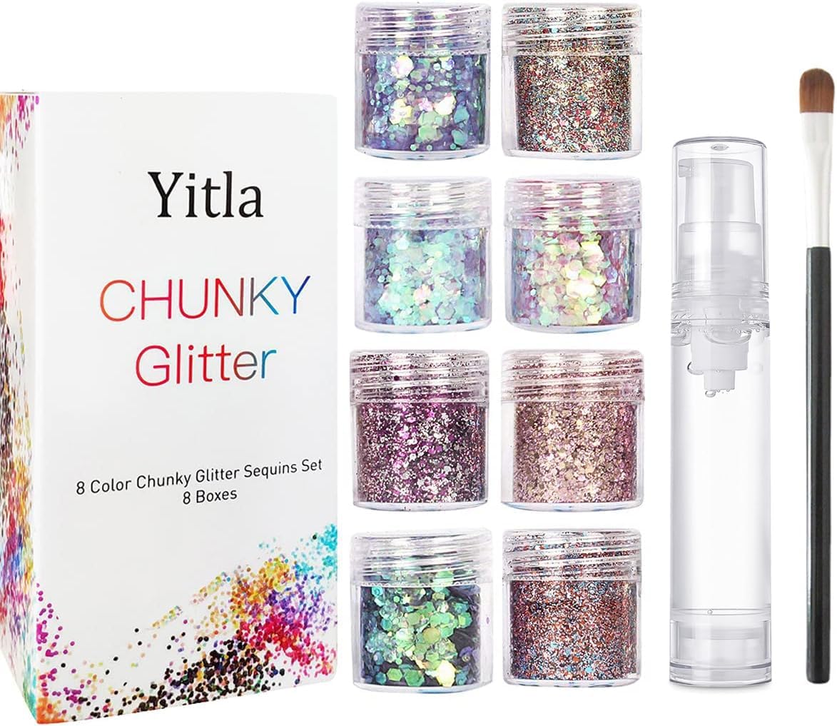 Yitla 8 Color face Glitter Cosmetic Glitter, for Body, Cheeks and Hair, Festival and Party Beauty Makeup - Includes Long Lasting Fix Gel and Brush.