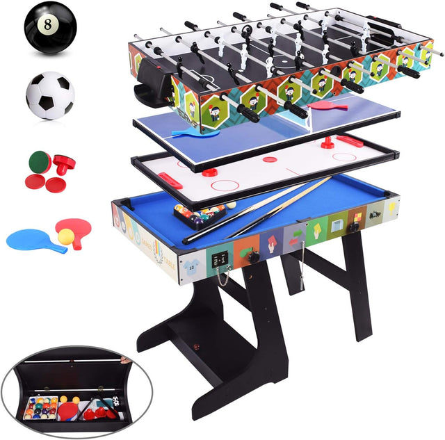 ALPIKA 4FT 4 in 1 Muliti Sports Game Table, Folding Combo Table - Pool/Snooker Table, Air Hockey Table,Table Tennis Table,Football Table with Accessory Storage Box.