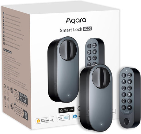 Aqara Smart Lock U200 (Fingerprint Keypad Included), Matter over Thread, Smart Door Lock with Apple Home Key and Rechargeable Battery, Supports Apple Home, Google Home, Alexa and SmartThings, Black.