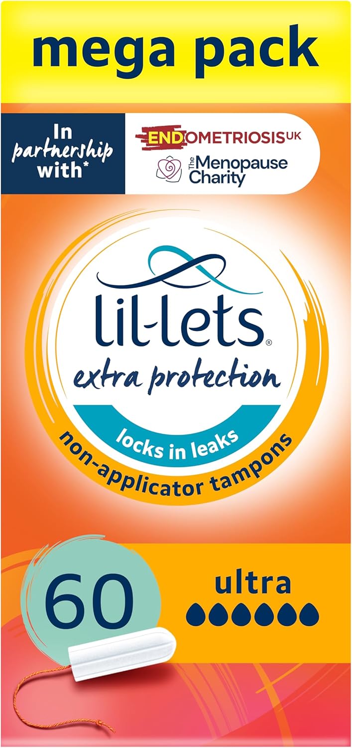 Lil-Lets Non-Applicator Ultra Tampons X 60, (6 Packs of 10 Tampons), For Extremely Heavy Flow, 6 Droplets, Plant-Based, SmartFit™ Non-App Tampon.