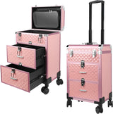 EBANKU Rolling Makeup Case, 2 Layers Drawer Makeup Train Box Professional Cosmetic Trolley with Locks, Portable Cosmetic Organizer for Makeup Artist (Pink).