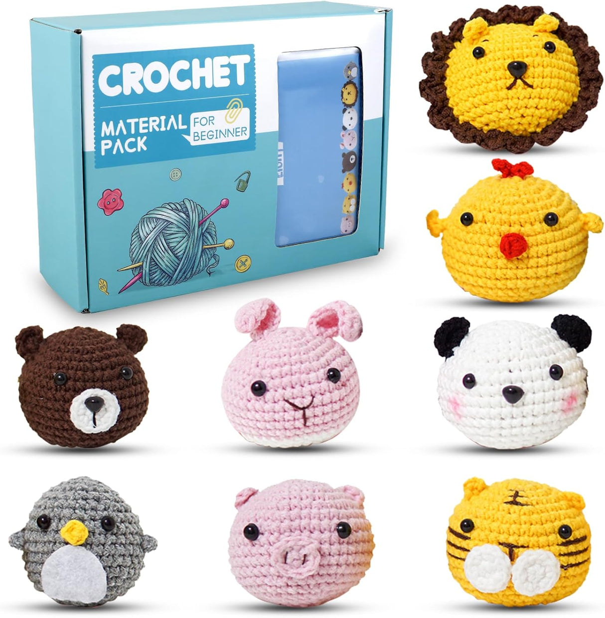 Alongen 8 Pcs Beginners Crochet Kit,Adorable Animal Crochet Starter Pack with Yarn Stuffing Keychain DIY Crochet Craft Kit with Step-by-Step Video(8PCS).