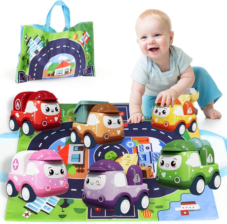 Toddler Car Toy for 3 Years Old Boys,6 PCS Mini Pull Back Construction Vehicles, Kids Cartoon Friction Power Trucks with Play Mat and Storage Bag,Infant Birthday Party Gift for 2 3 4 Year Old Girls.