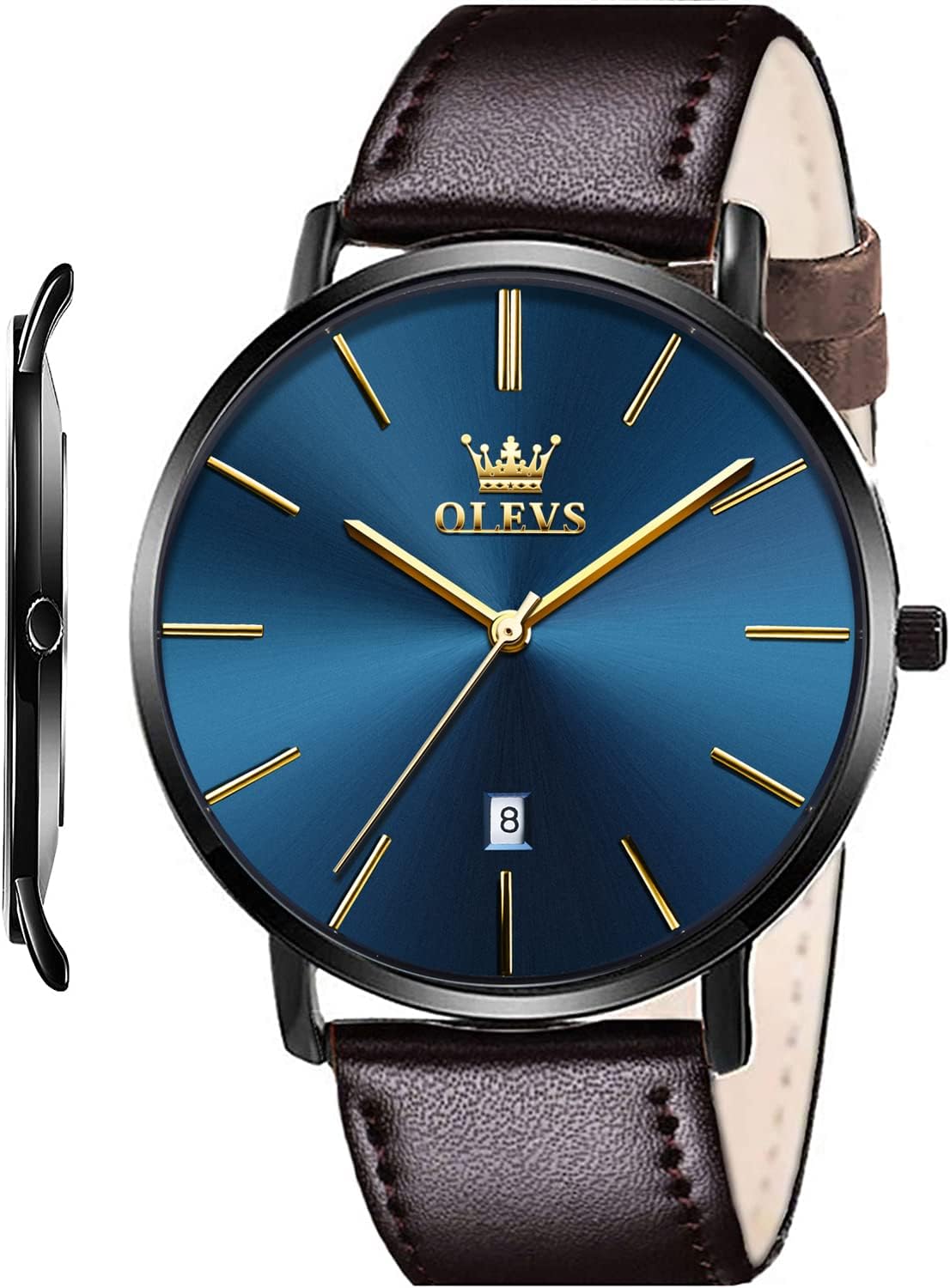 OLEVS Mens Wrist Watches Ultra Thin 6.5mm Minimalist Business Dress Waterproof & Date & Leather Strap Slim Watches for Men.