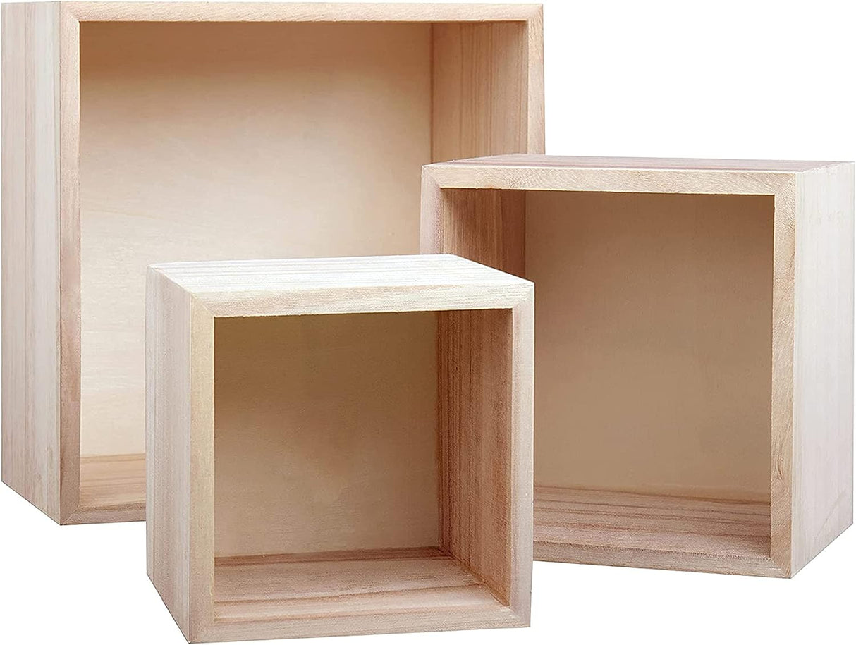 BELLE VOUS Unfinished Wooden Storage Box (Set of 3) - Small, Medium & Large - Natural Square Wood Boxes - Decorative Home Nest Crates for Collectibles, Jewellery, Hobbies, Succulents & Craft Supplies.