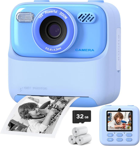 Upgrade Kids Camera Instant Print for Boys and Girls, 1080P HD Dual-Lens Selfie Digital Camera with Print Paper & 32G Card, Christmas Birthday Gifts Toys for Toddler and Teenagers Age 3-16 Years Old.