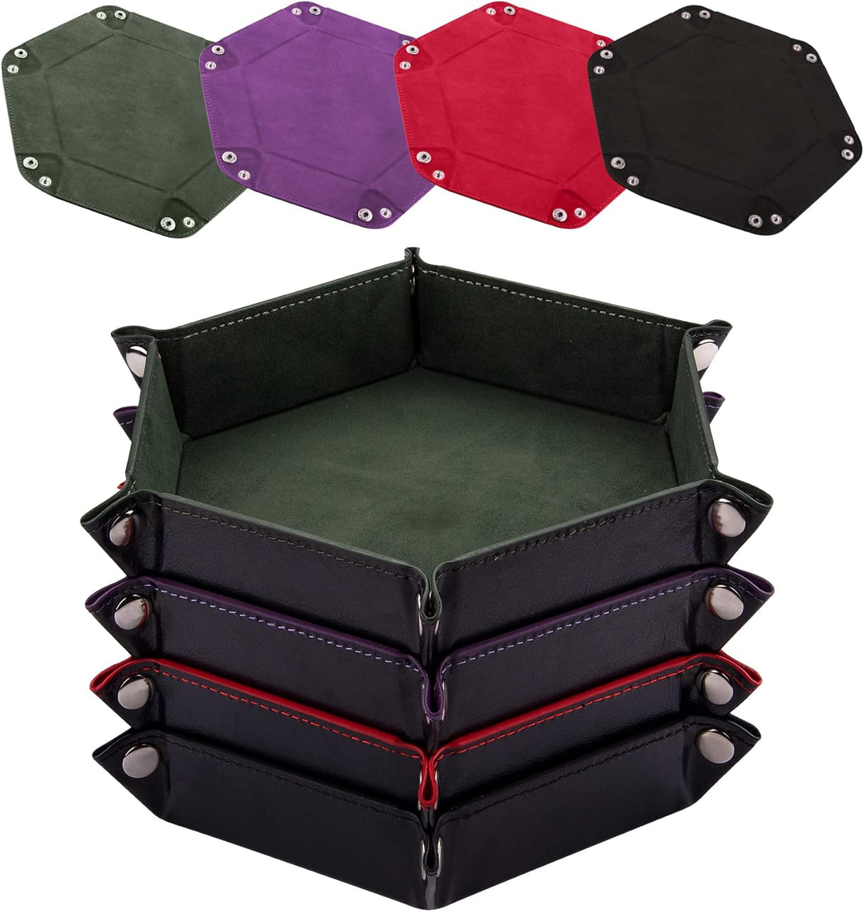 SIQUK 4 Pieces Dice Tray Hexagon Dice Rolling Tray Folding PU Leather Velvet Dice Tray for RPG DND and Other Dice Game (Dark Green, Violet, Red, Black).