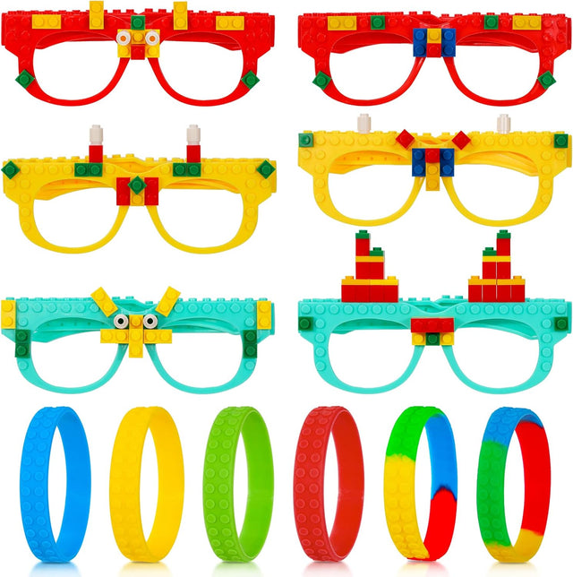 Qpout 12Pcs Building Blocks Glasses and Building Block Bracelets Set DIY Building Bricks Glasses with Silicone Wristbands Creative Building Blocks Games for Kids Birthday Party Carnival Favors.