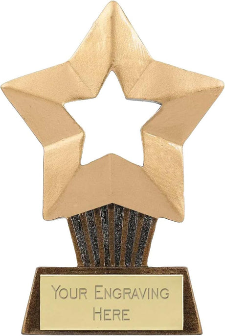 TROPHIESPLUSMEDALS Personalised Mini Star Trophy - 10cm | Small 3 7/8" Gold First Place Award Winner Trophies for Fun Kids Party, Sports, School & Games Reward | Includes Free Metal Plate Engraving.