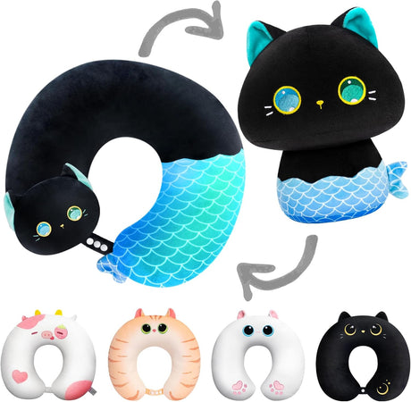 Mewaii Kids Travel Pillow, Cute Cat Stuffed Animal Plush, Cartoon Neck Pillow for Kids & Adults, Reversible Plush Squishy 2-in-1 Plush Toys for Airplane, Car, Train (13 Inches).