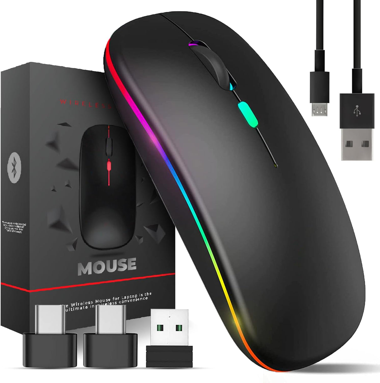 Wireless Mouse for Laptop With 2 USB A to USB C Adapter, 2.4GHZ Bluetooth Mouse Rechargeable, Laptop Mouse Computer Accessories, USB Mouse 3 Buttons-Laptop Mouse Wireless PC Mouse 800 to 2400 Dpi.