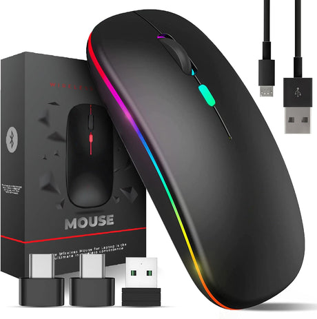 Wireless Mouse for Laptop With 2 USB A to USB C Adapter, 2.4GHZ Bluetooth Mouse Rechargeable, Laptop Mouse Computer Accessories, USB Mouse 3 Buttons-Laptop Mouse Wireless PC Mouse 800 to 2400 Dpi.