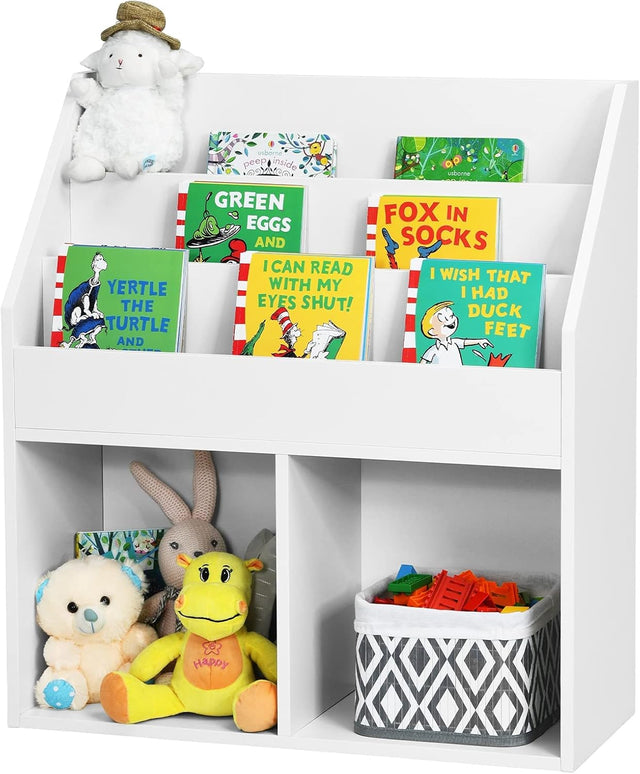 GYMAX Toys Storage Shelf, Wooden Kids Bookshelf with 3 Tiers Shelves and 2 Compartments, White Children Bookcase for Playroom Bedroom.