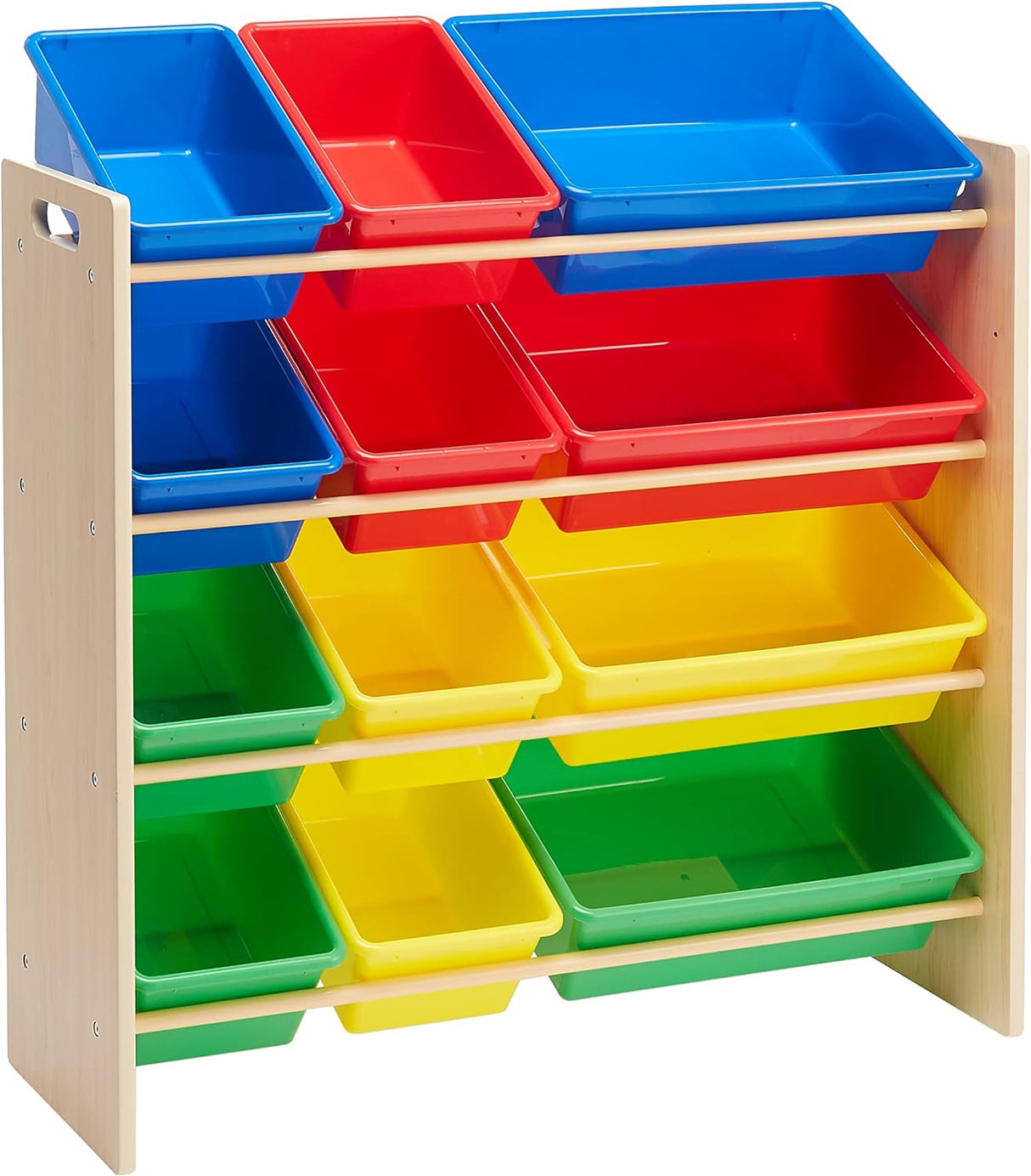 Amazon Basics Kids’ Toy Storage Organiser with 12 Plastic Bins, Natural Wood with Bright Bins, 27.7 D x 85.3 W x 79 H cm.