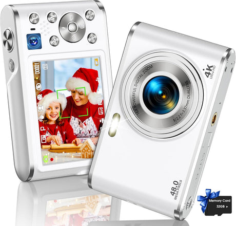 Digital Camera, AutoFocus 4K Vlogging Camera with Dual Camera 48MP 16X Digital Zoom Kids Compact Camera with 32GB Memory Card Portable Point and Shoot Cameras for Teens Beginner (White).