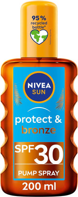 NIVEA SUN Protect & Bronze Oil Sunscreen Spray SPF 30 (200 ml), Sun Spray Provides Immediate UVA/UVB Protection and Stimulates the Skin's Natural Tanning with Pro-Melanin Extract, Water-Resistant.