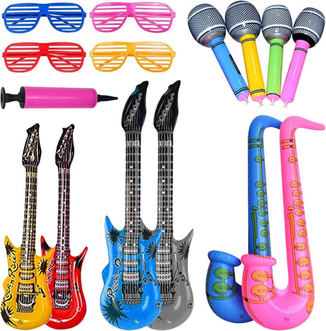 FAIHTS 15PCS Inflatable Rock Star Toy Set Inflatables Saxophone Guitar Microphone Inflatable Neon Color Sunglasses Instruments Party Props with Balloon Pump for Party Decoration Prop Random Color.