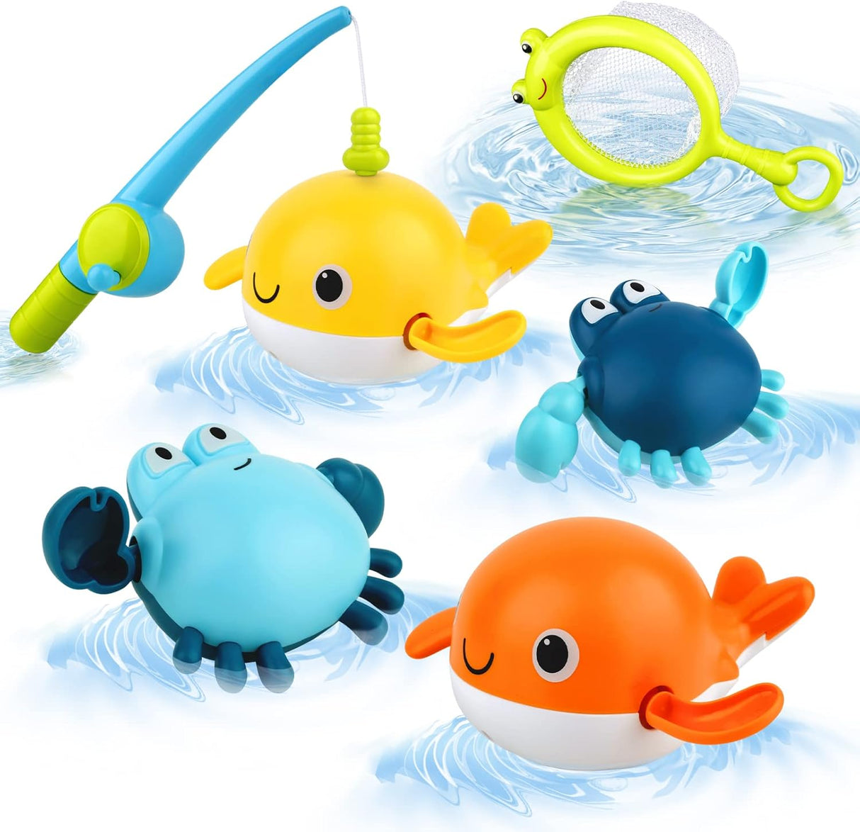 Baby Bath Toys, twoonto Magnetic Fishing Games with 4 Pcs Wind Up Bath Toy Fishing Net, Floating Pool Bathtub Toys, Montessori Toys for Toddlers Boys Girls for 1 2 3 4 5 Years Old.